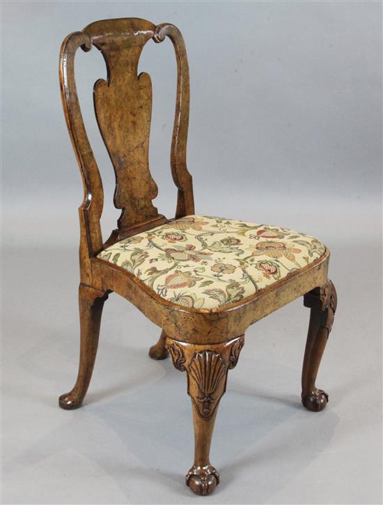 A George I burr walnut side chair, W.1ft 9in. D.1ft 8in. H.3ft 2in.